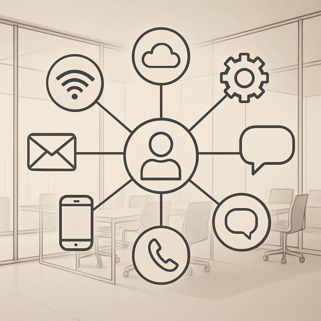 )}> An office space with a network of communication icons connecting them, suggesting a collaborative and interconnected w...