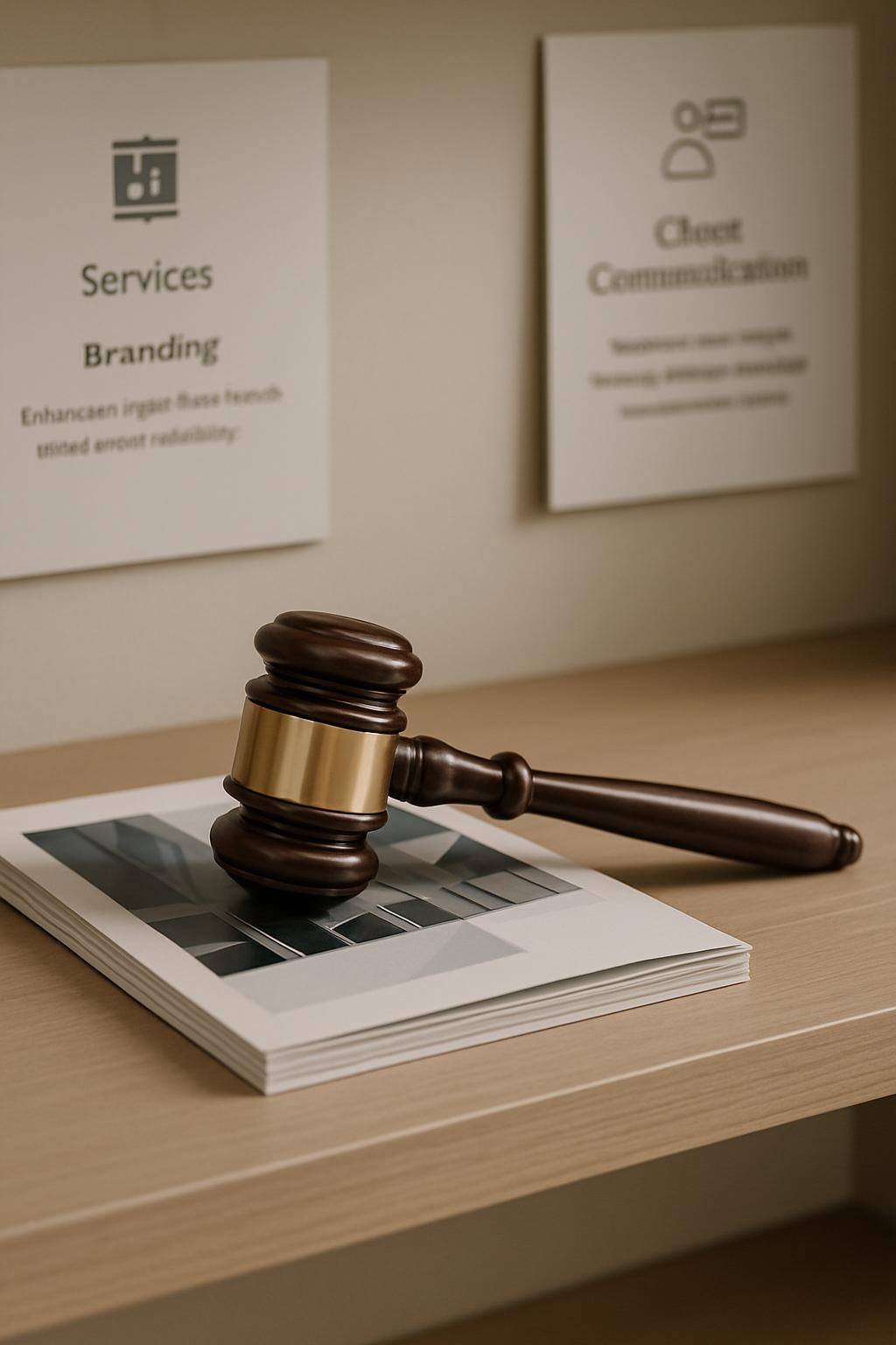 An office scene featuring a gavel, a light wooden desk, and cards with various services listed.