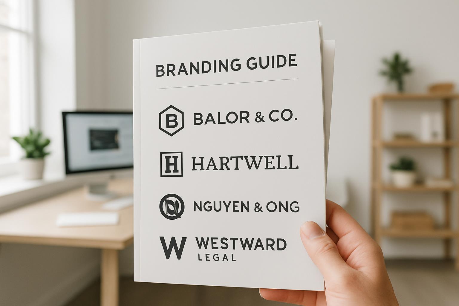 A hand holds a white sheet of paper featuring a branding guide, which includes the logos of five companies: Balor & Co., H...