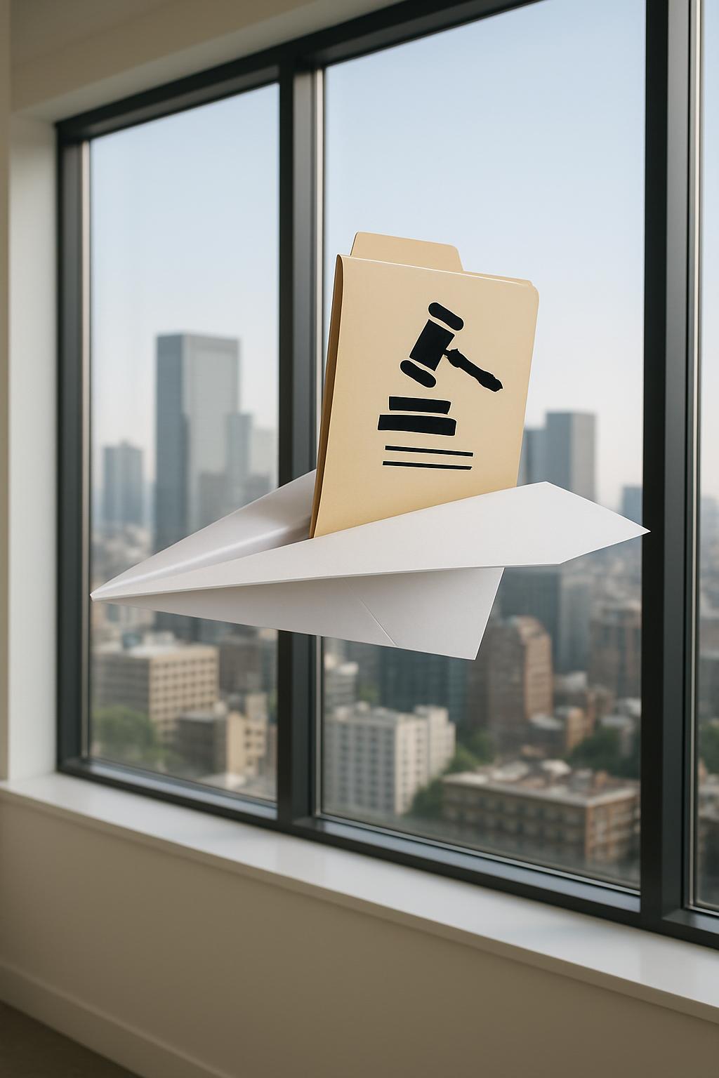 alt text: A white paper airplane flies in front of a window, with a beige folder inside featuring a black gavel icon.