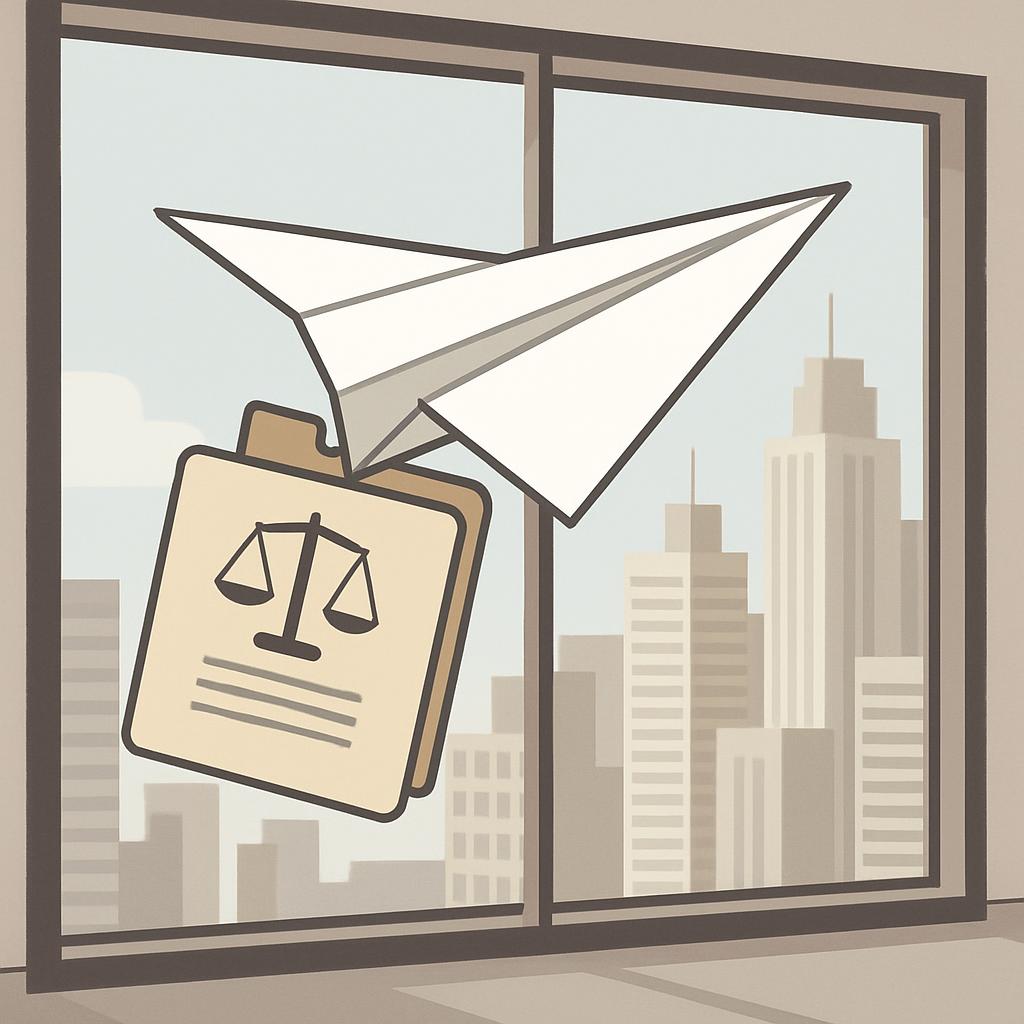 A modern cityscape seen through a window, featuring a paper airplane and a document with a scale symbol on it.